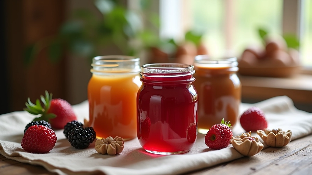 Stiklinės indelės su namų gamybos uogų uogiene ir miško ingredientais